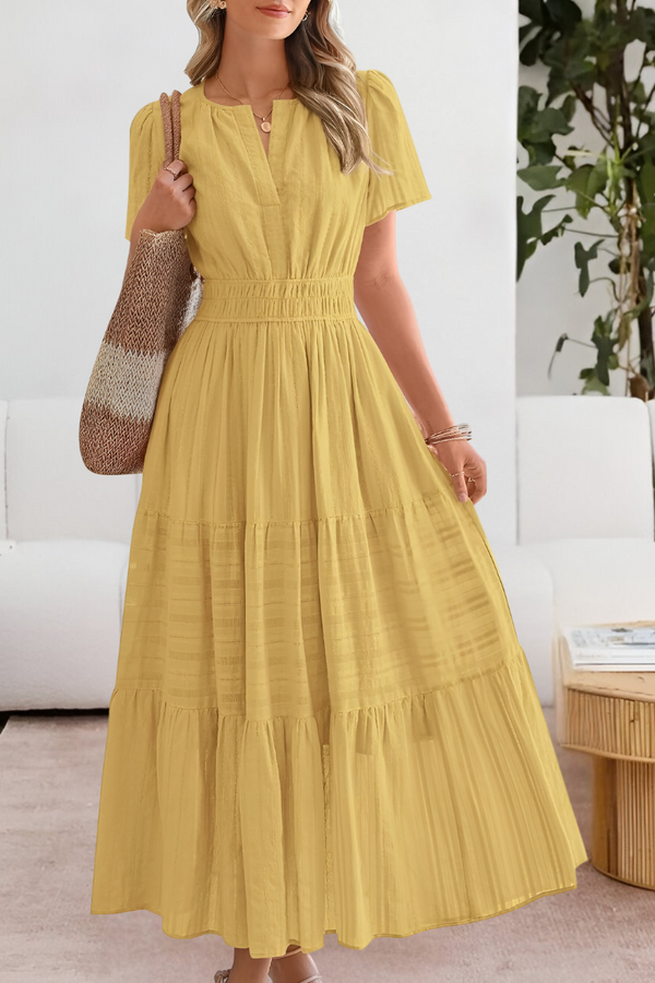 V-Neck Puff Sleeve Smocked Waist Swing Dress