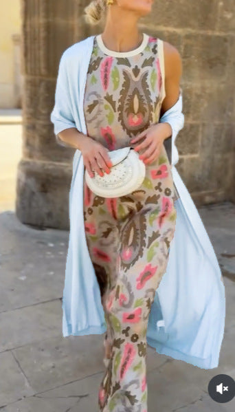 Printed Sleeveless Maxi Dress & Matching Cape Set